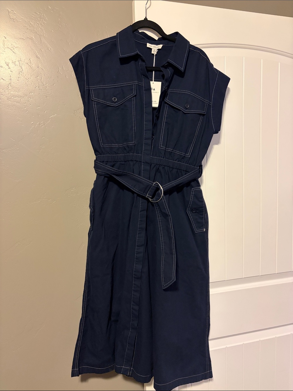 Sleeveless Navy Midi Shirt Dress with Belt